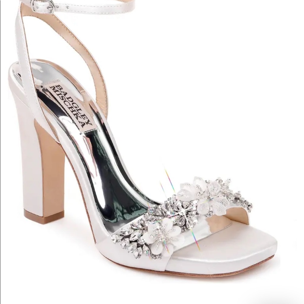 Badgley Mischka white open-toe wedding shoes